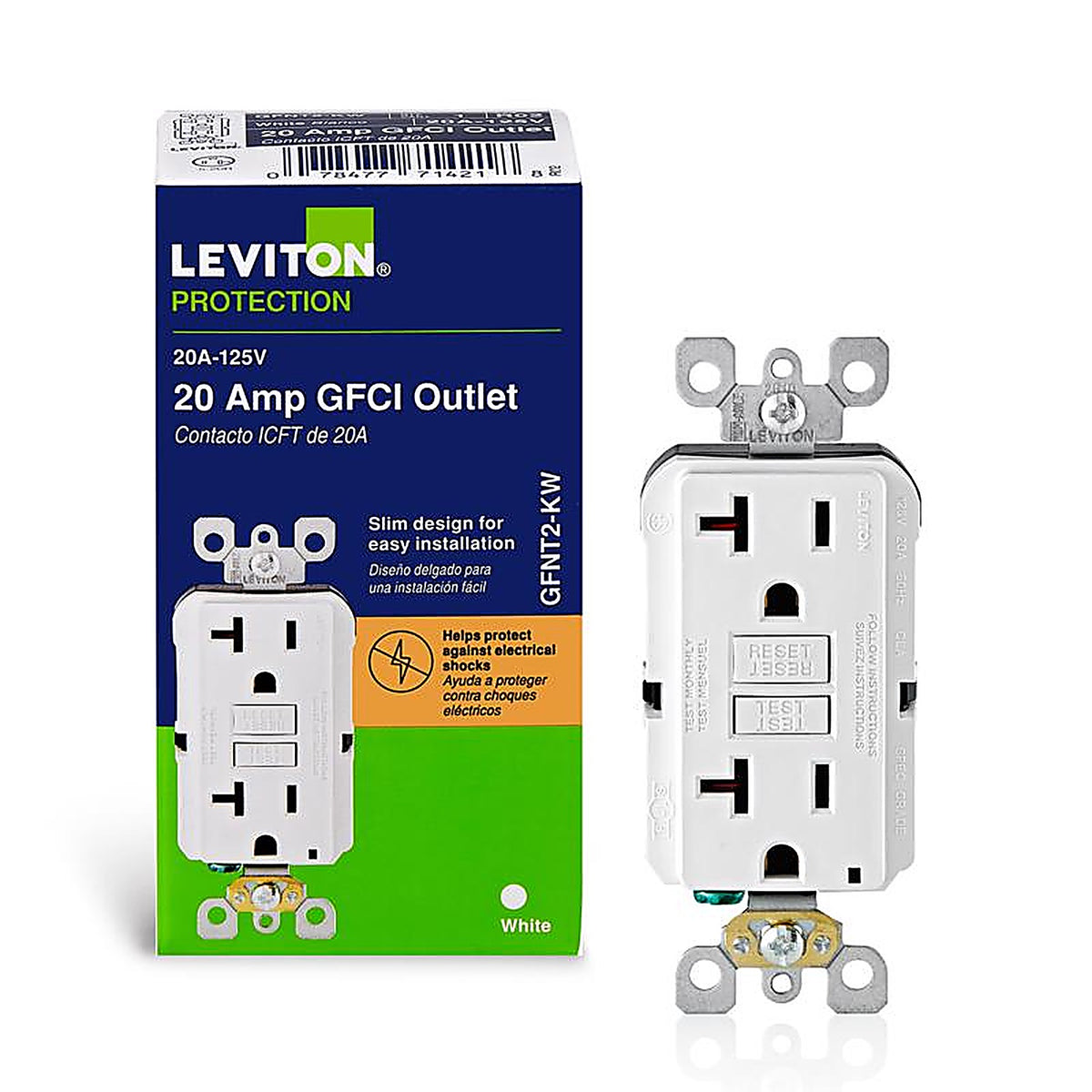 Leviton GFNT2-0KW SmartlockPro 20 amps 125 volt Duplex White GFCI Outlet 5-20R 1/Pack