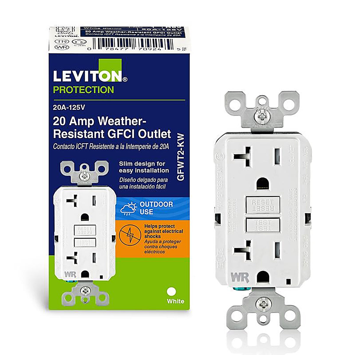 Leviton GFWT2-0KW SmartlockPro 20 amps 125 volt Duplex White GFCI Outlet 5-20R 1/Pack