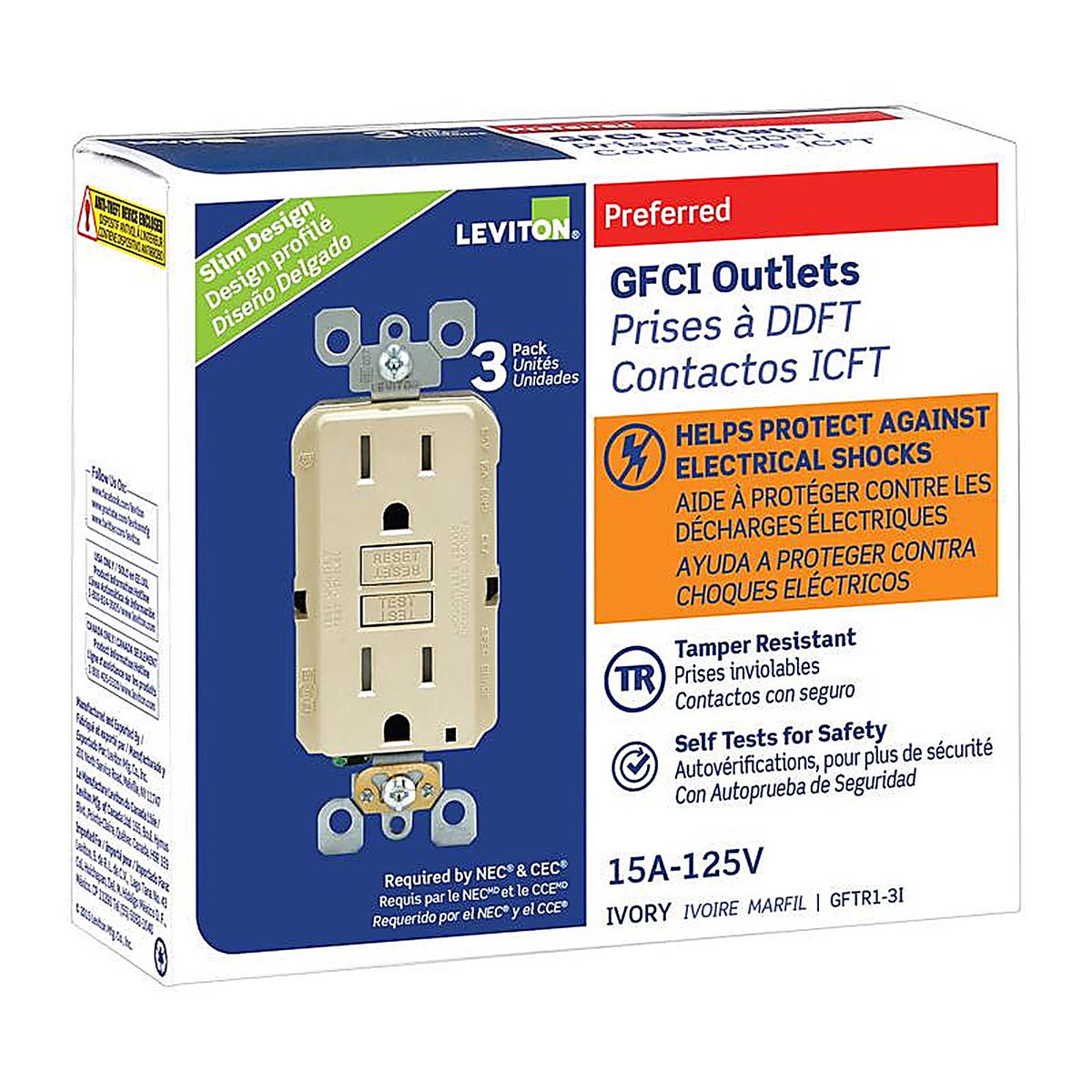 Leviton GFTR1-03I SmartlockPro 15 amps 125 volt Duplex Ivory GFCI Outlet 5-15R 3/Pack