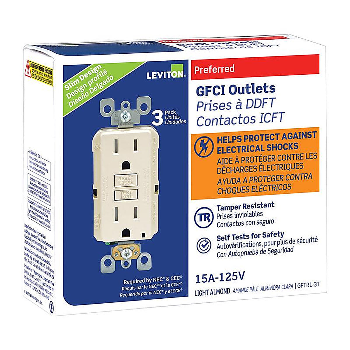 Leviton GFTR1-03T SmartlockPro 15 amps 125 volt Duplex Light Almond GFCI Outlet 5-15R 3/Pack