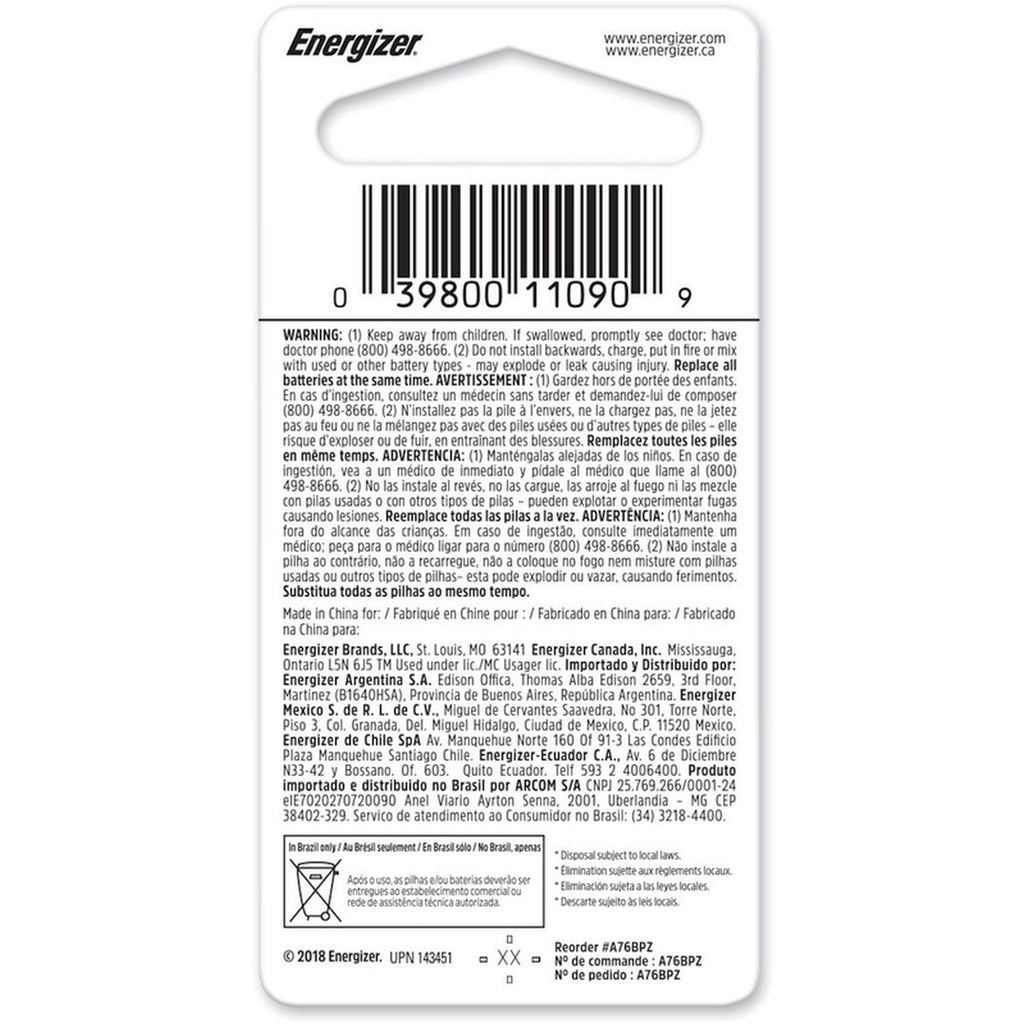 Energizer A76BPZ Alkaline A76 1.5 V 150 Ah Button Cell Battery 1 pk