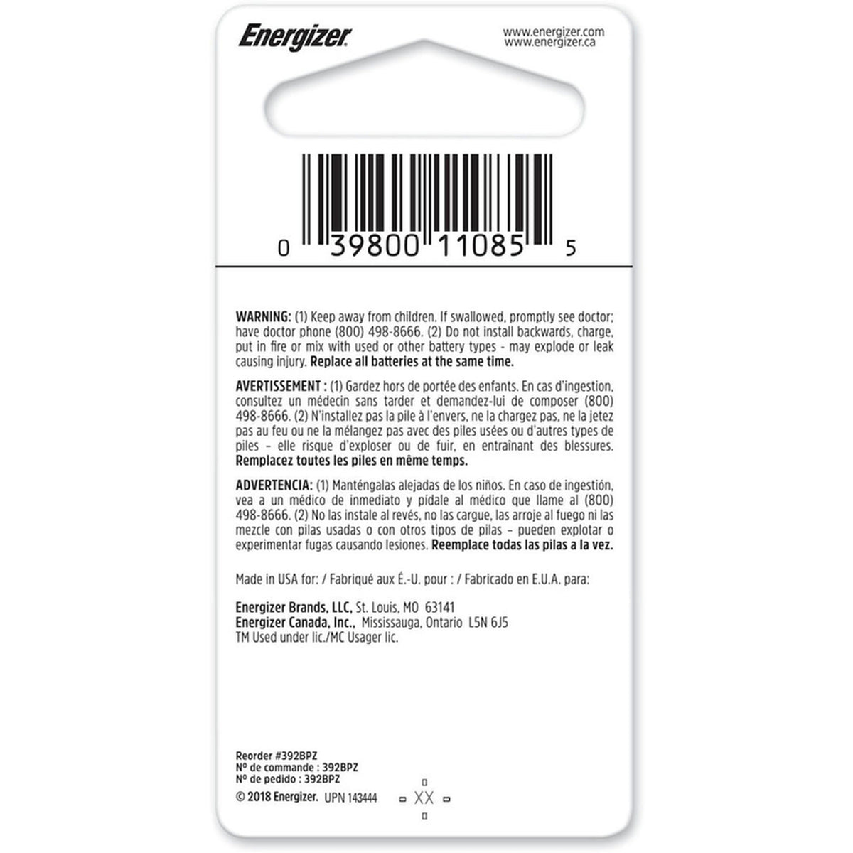Energizer 392BPZ Silver Oxide 384/392 1.5 V Electronic/Thermometer/Watch Battery 1 pk