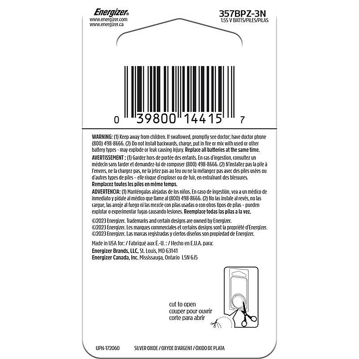 Energizer 357BPZ-3N Silver Oxide 303/357 1.5 V Electronic/Watch Battery 3 pk