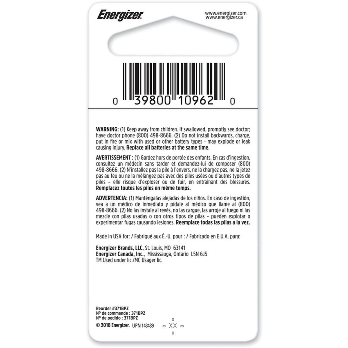 Energizer 371BPZ Silver Oxide 370/371 1.5 V Electronic/Watch Battery 1 pk
