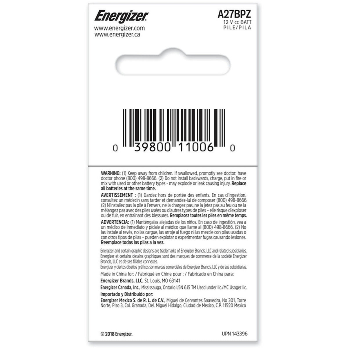 Energizer A27BPZ Alkaline A27 12 V Electronics Battery 1 pk