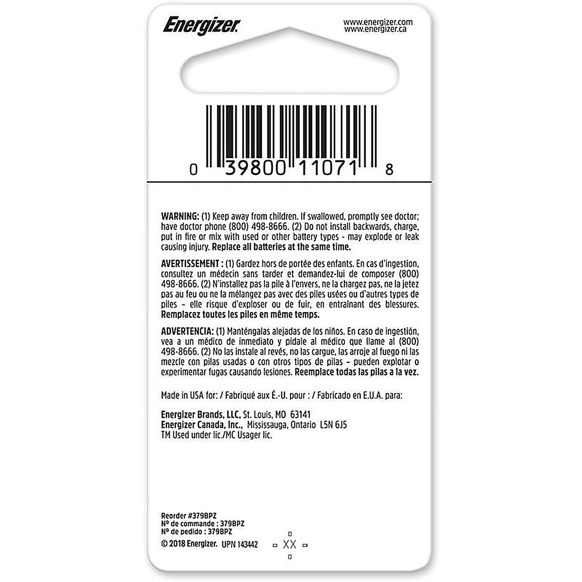 Energizer 379BPZ Silver Oxide 379 1.5 V 0.01 Ah Electronic/Watch Battery 1 pk