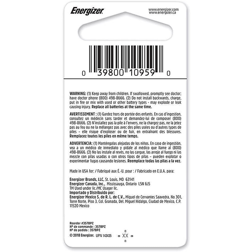 Energizer 357BPZ Silver Oxide 303/357 1.55 V 0.15 Ah Electronic/Watch Battery 1 pk