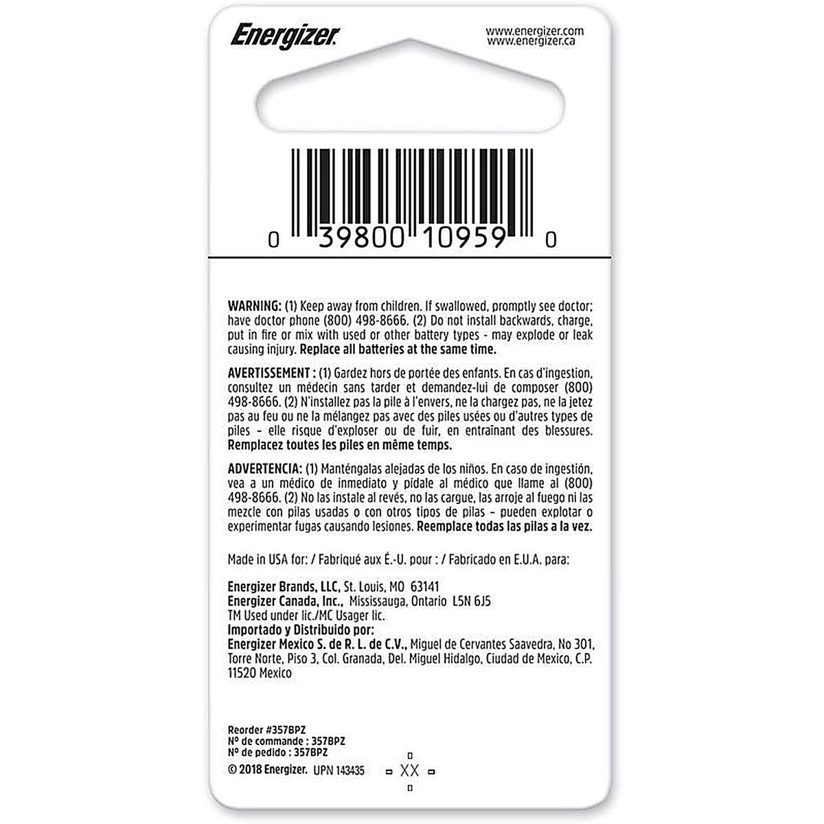 Energizer 357BPZ Silver Oxide 303/357 1.55 V 0.15 Ah Electronic/Watch Battery 1 pk