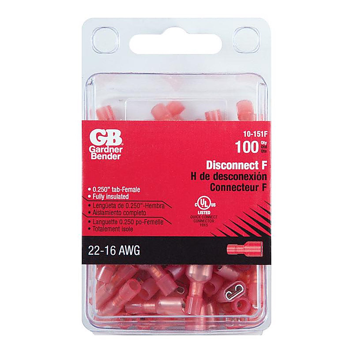 Gardner Bender - 10-151F - 22-16 AWG Insulated Wire Female Disconnect Red 100 Pack