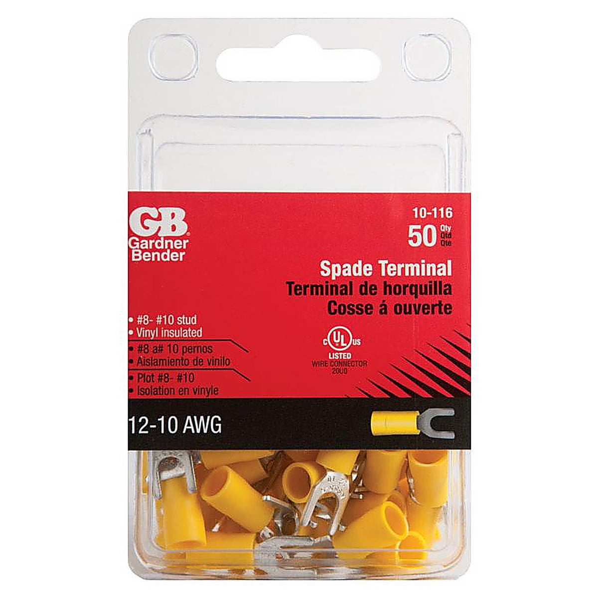 Gardner Bender 10-116 12-10 Ga. Insulated Wire Spade Terminal Yellow 50/Pack