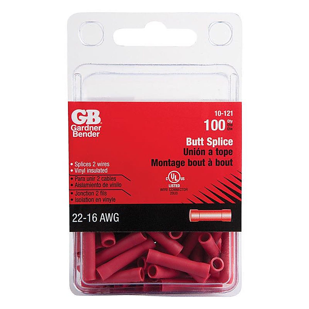 Gardner Bender 10-121 22-16 Ga. Insulated Wire Butt Splice Red 100/Pack