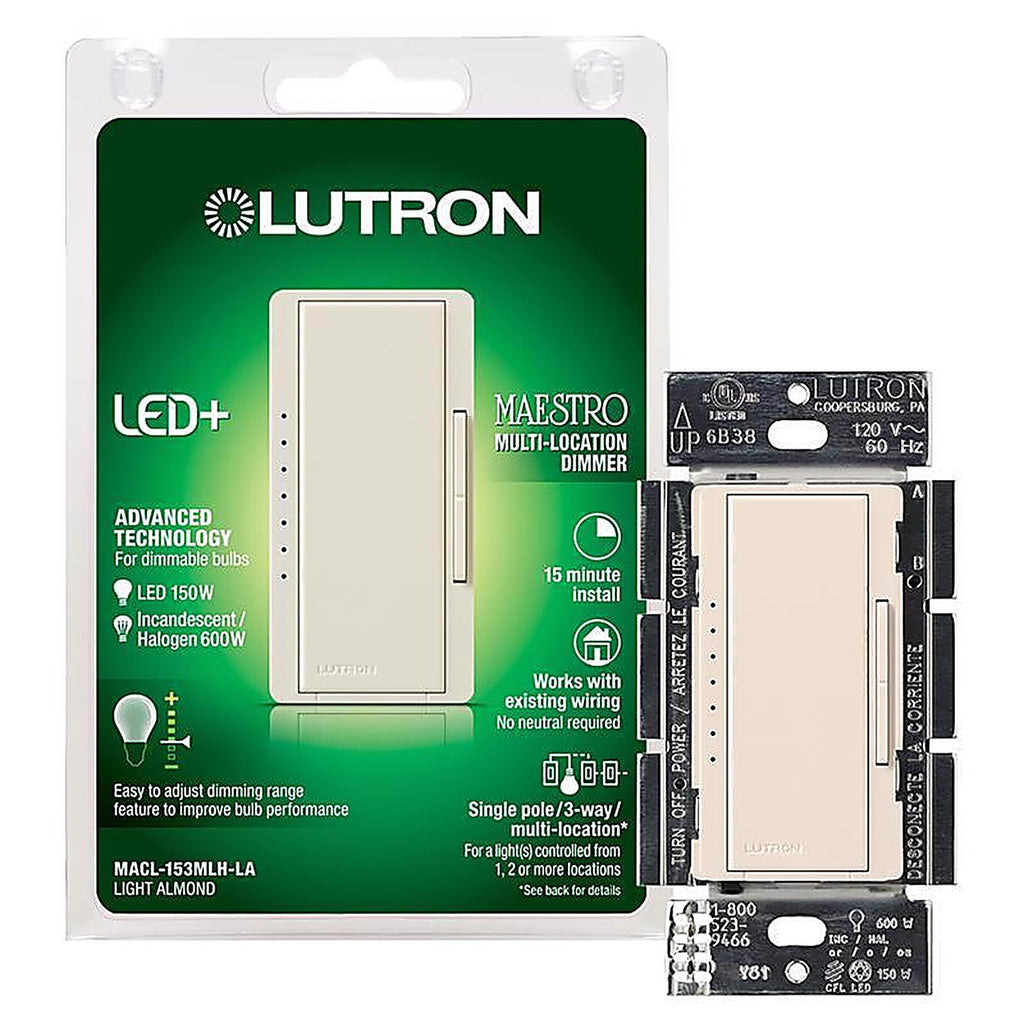Lutron - MACL-153MLH-LA - Maestro Light Almond 150 W 3-Way Dimmer Switch 1 pk