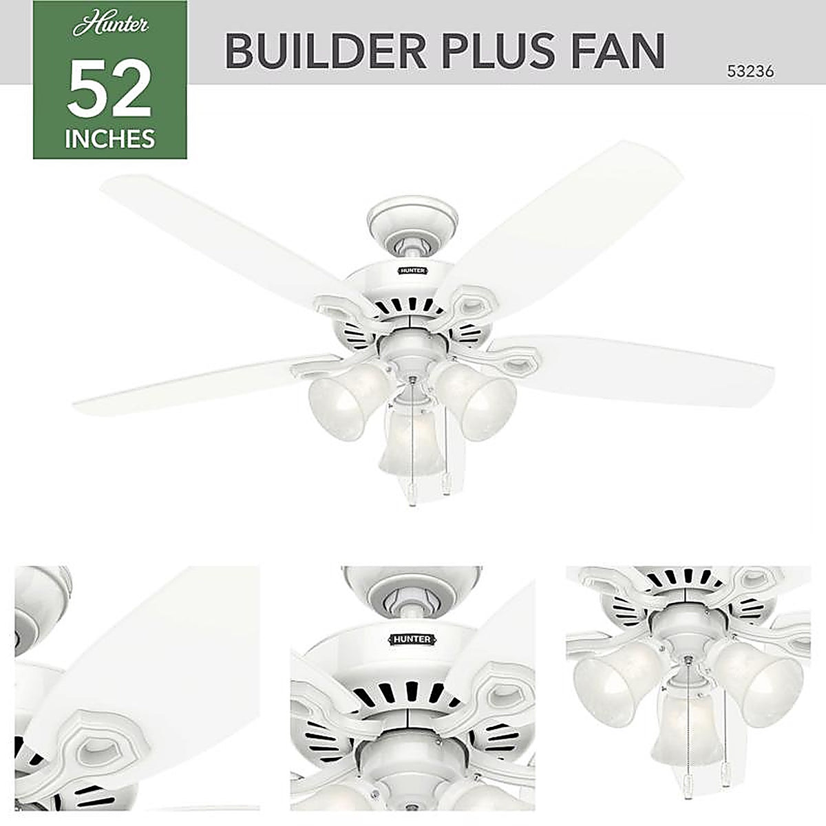 Hunter 53236 Builder Plus 52 in. Snow White White LED Indoor Ceiling Fan