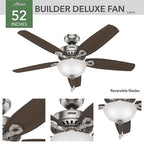 Hunter 53090 Builder Deluxe 52 in. Brushed Nickel LED Indoor Ceiling Fan