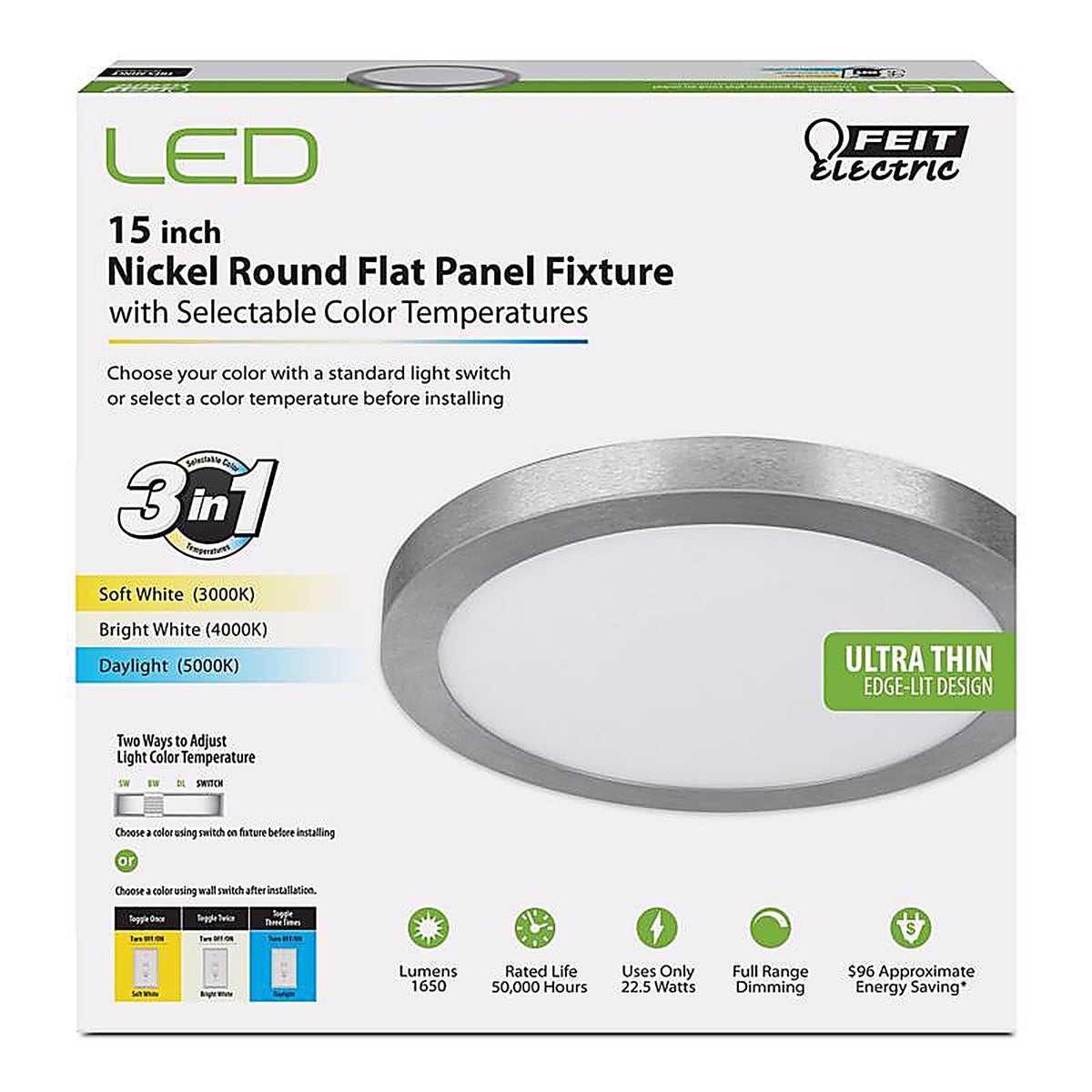Feit Electric FP15/4WY/NK 15 in. H X 15 in. W X 15 in. L Nickel LED Flat Panel Light Fixture