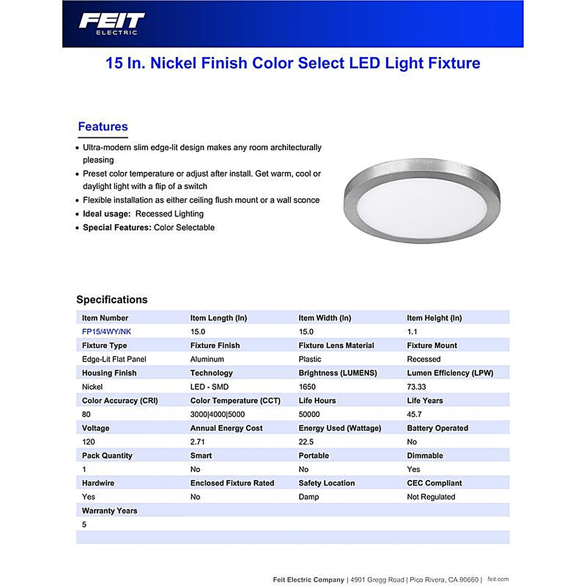 Feit Electric FP15/4WY/NK 15 in. H X 15 in. W X 15 in. L Nickel LED Flat Panel Light Fixture