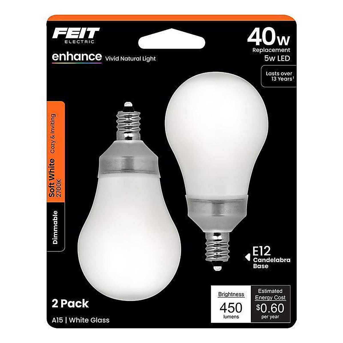 Feit Electric BPA1540C927CA/2 Performance A15 E12 (Candelabra) LED Bulb Soft White 40 W 2 pk