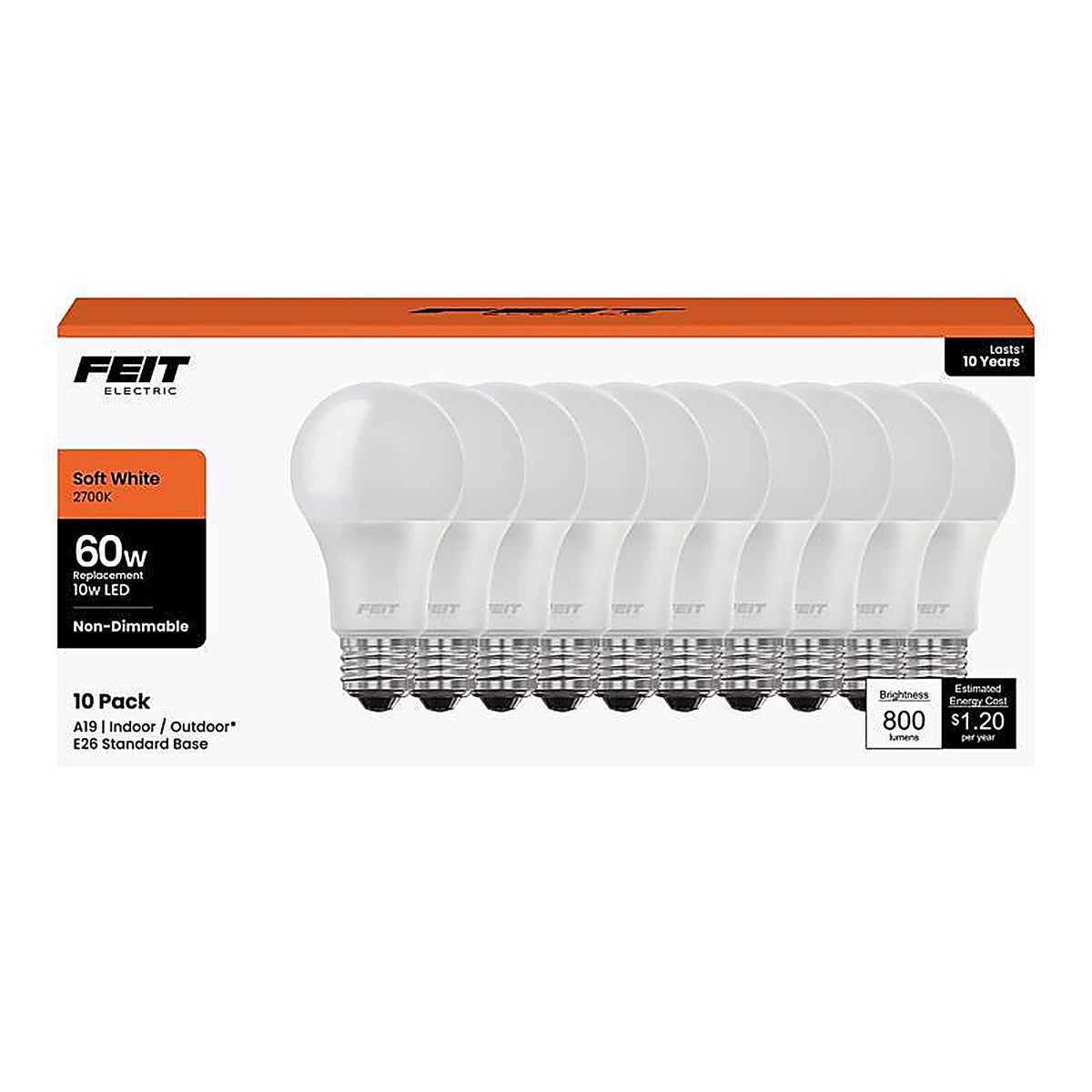 Feit - A80083010K/10RP - A19 E26 (Medium) LED Bulb Soft White 60 Watt Equivalence 10 Pack