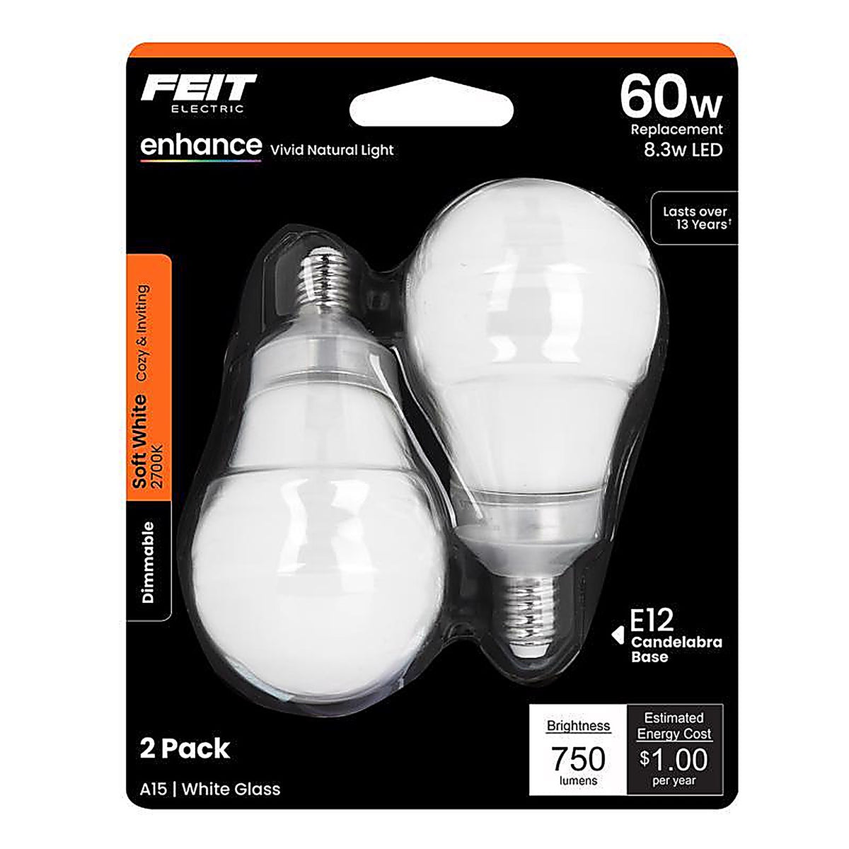 Feit Electric BPA1560C927CA2 Enhance A15 E12 (Candelabra) LED Bulb Soft White 60 W 2 pk