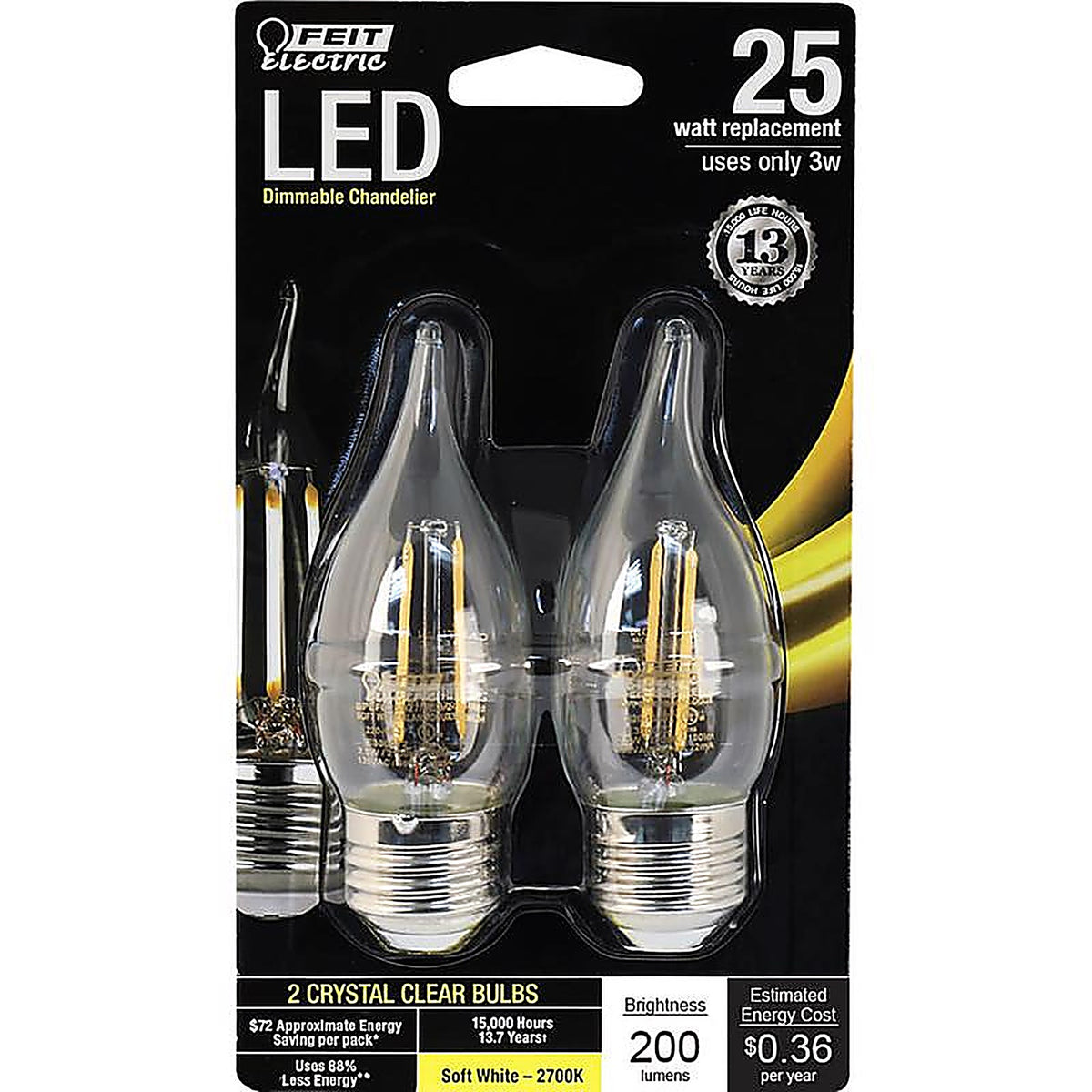 Feit Electric BPEFC25927CAFL2 CA10 E26 (Medium) LED Bulb Soft White 25 W 2 pk