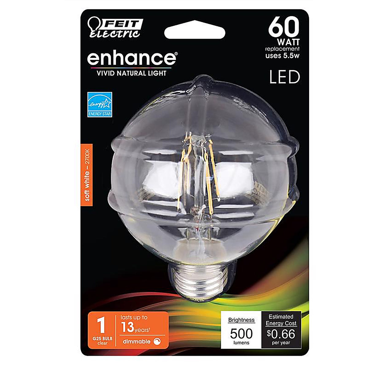 Feit Electric G2560927CAFILRP Enhance G25 E26 (Medium) Filament LED Bulb Soft White 60 Watt Equivalence 1 pk
