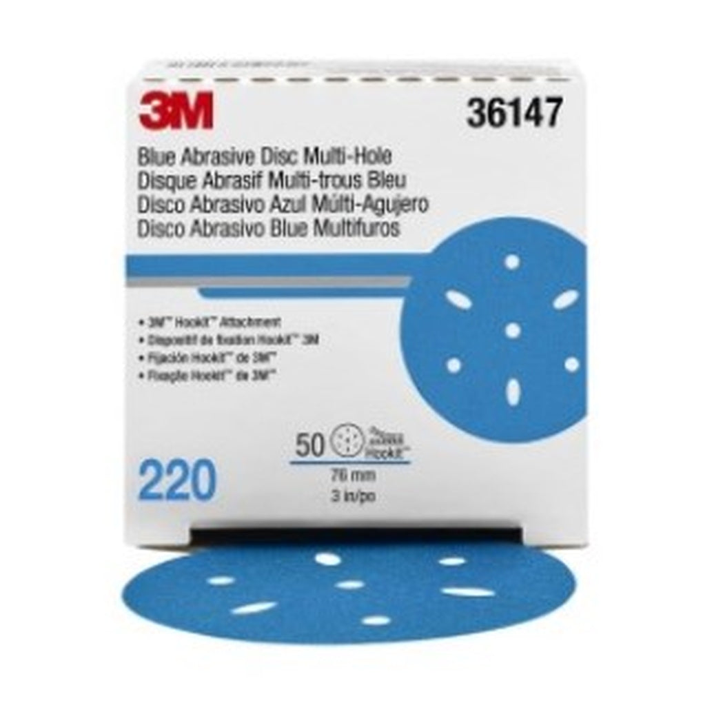 3M 36147 Hookit Blue Abrasive Disc 321U Multi-hole, 3 in, 220G 50/Pack UU004900187