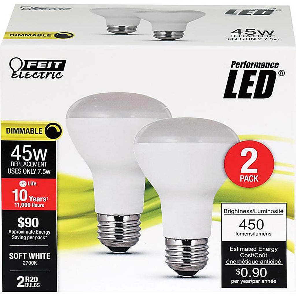 Feit - R20DM10KLED2 - Performance R20 E26 (Medium) LED Bulb Soft White 45 Watt Equivalence 2 Pack