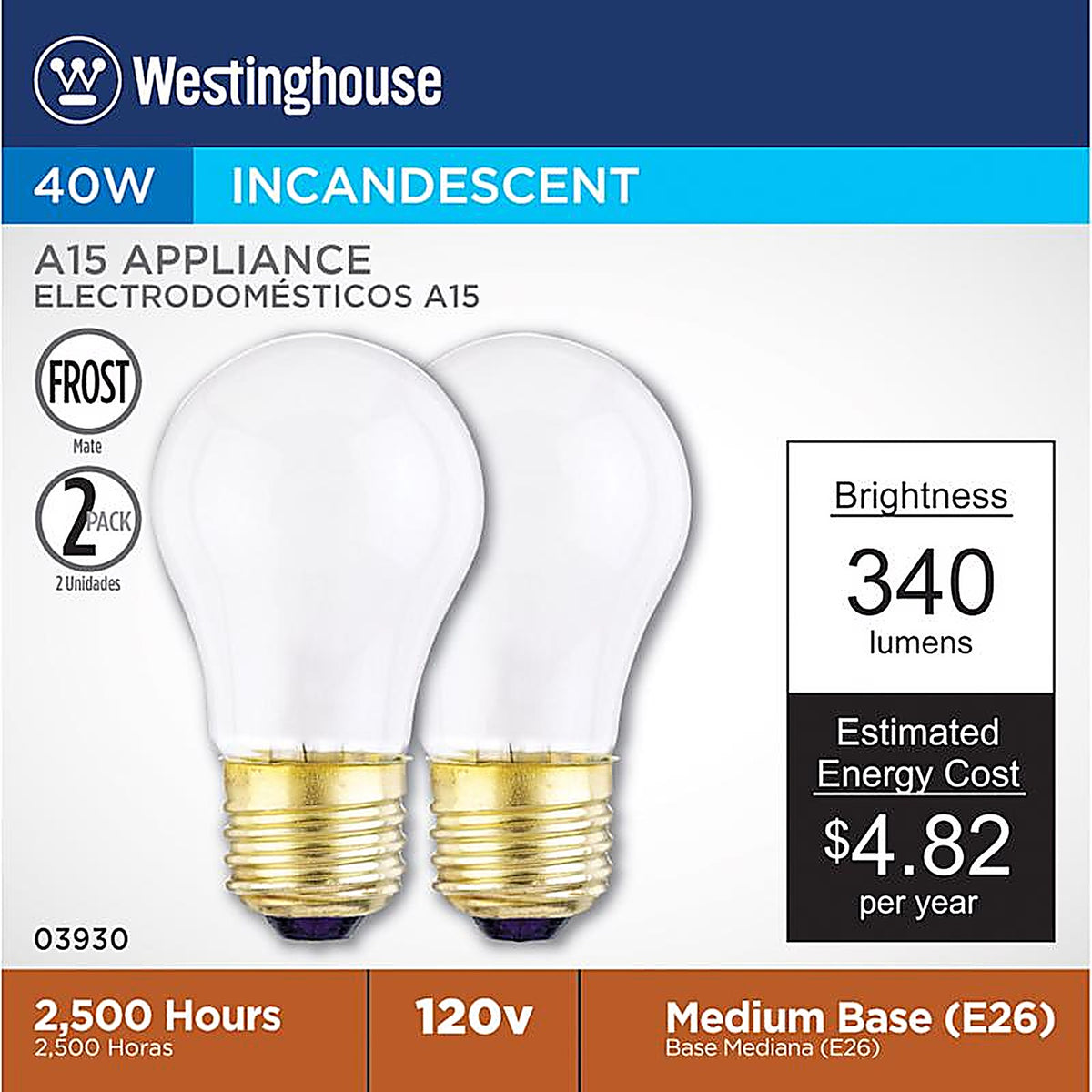 Westinghouse - 0393000 - Appliance 40 W A15 A-Line Incandescent Bulb E26 (Medium) White 2 Pack