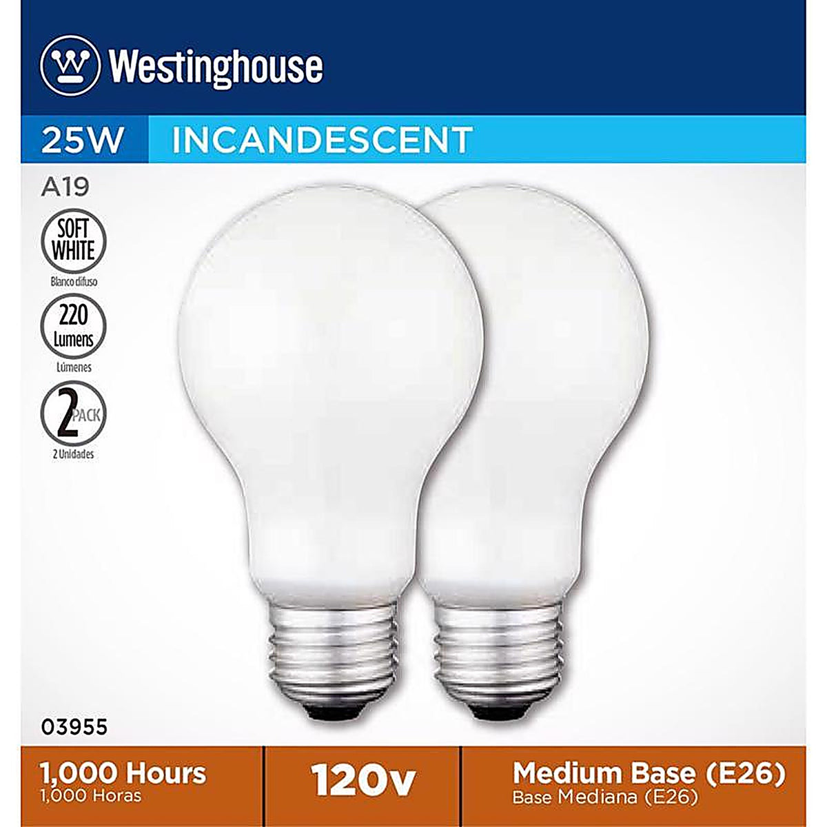 Westinghouse - 0395548 - 25 W A19 A-Line Incandescent Bulb E26 (Medium) Soft White 2 Pack