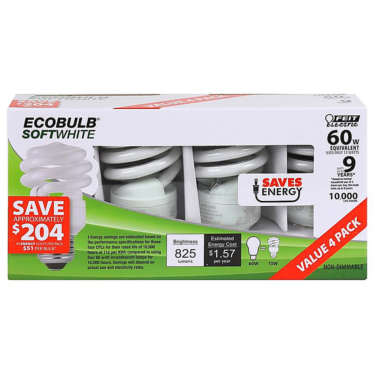 Feit - ESL13T/4 - Ecobulb 13 W A19 1.52 In. D X 3.6 In. L Cfl Bulb Soft White Utility 2700 K 4 Pack