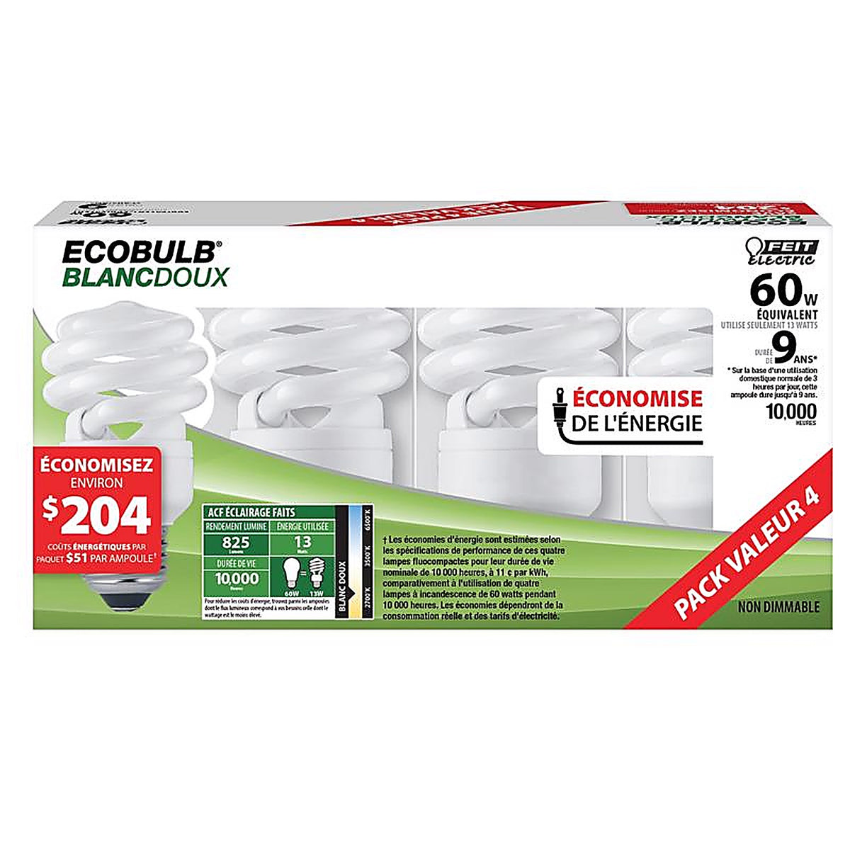 Feit - ESL13T/4 - Ecobulb 13 W A19 1.52 In. D X 3.6 In. L Cfl Bulb Soft White Utility 2700 K 4 Pack