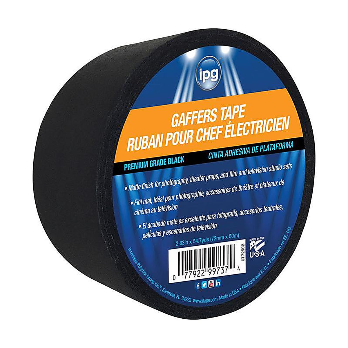 IPG GT7250B 2.83in. W X 54.7 yd L Black Gaffers Tape