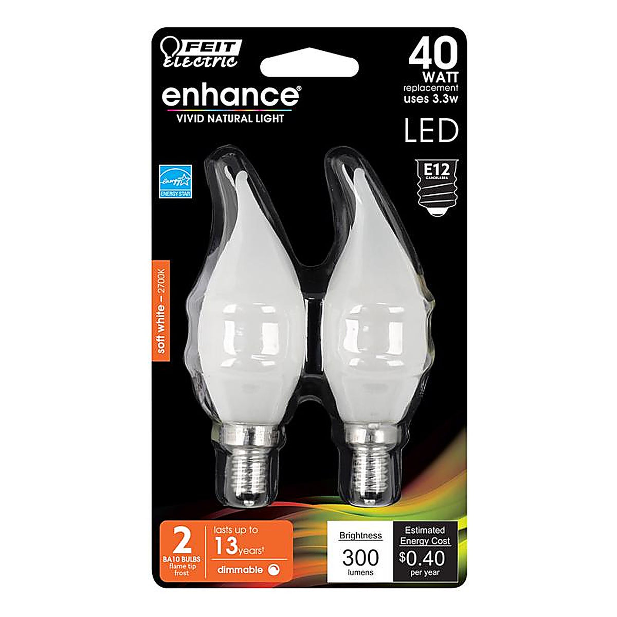 Feit Electric BPCFF40927CAF2R CA10 E12 (Candelabra) LED Bulb Soft White 40 W 2 pk