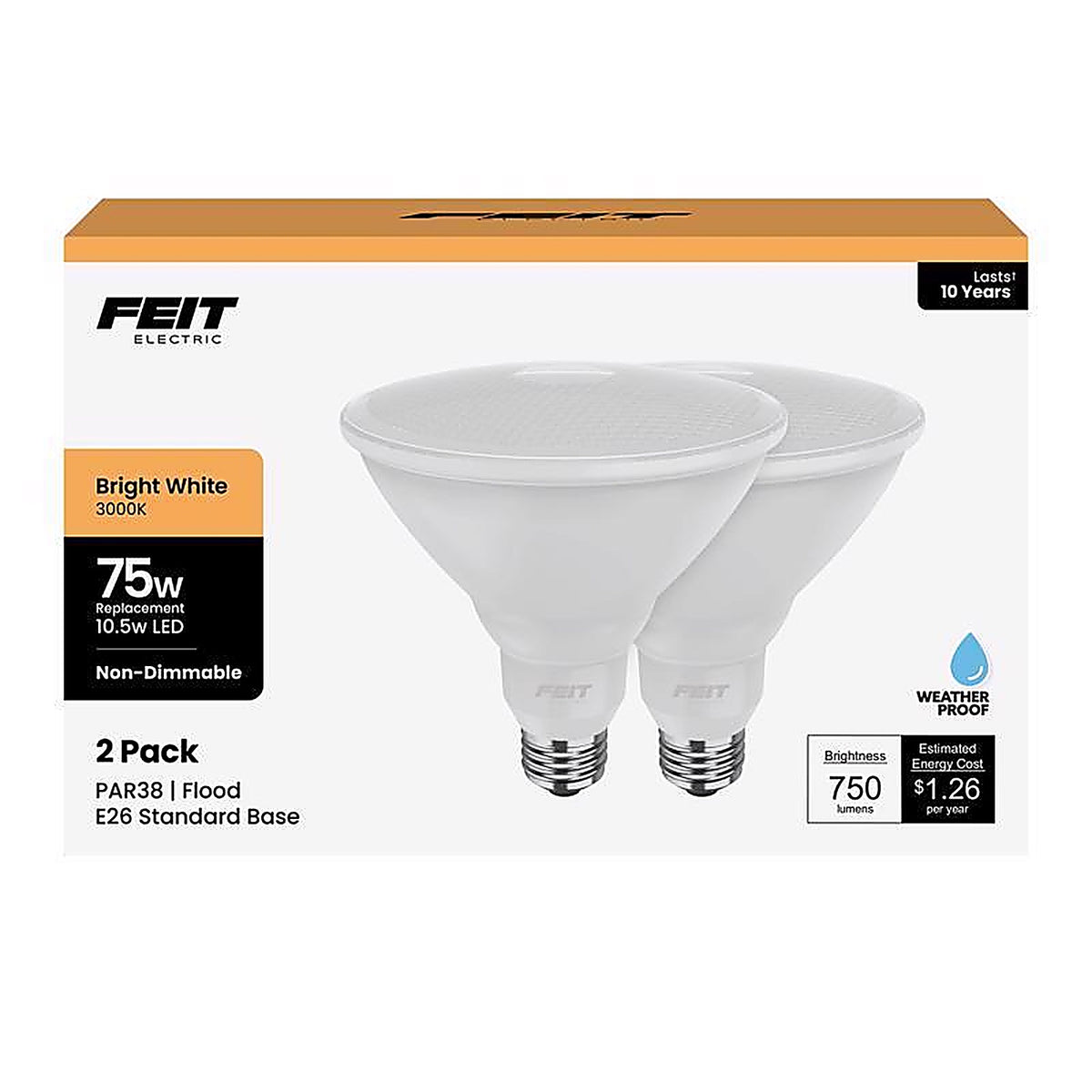 Feit - PAR3875/10KLED2 - Par38 E26 (Medium) LED Bulb Bright White 75 Watt Equivalence 2 Pack