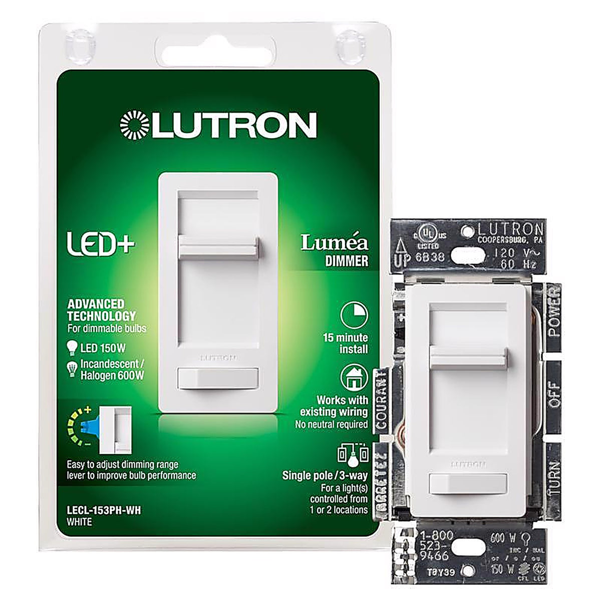 Lutron LECL-153PH-WH Lumea White 150W for CFL and LED / 600W for incandescent and halogen watt 3-Way Dimmer Switch