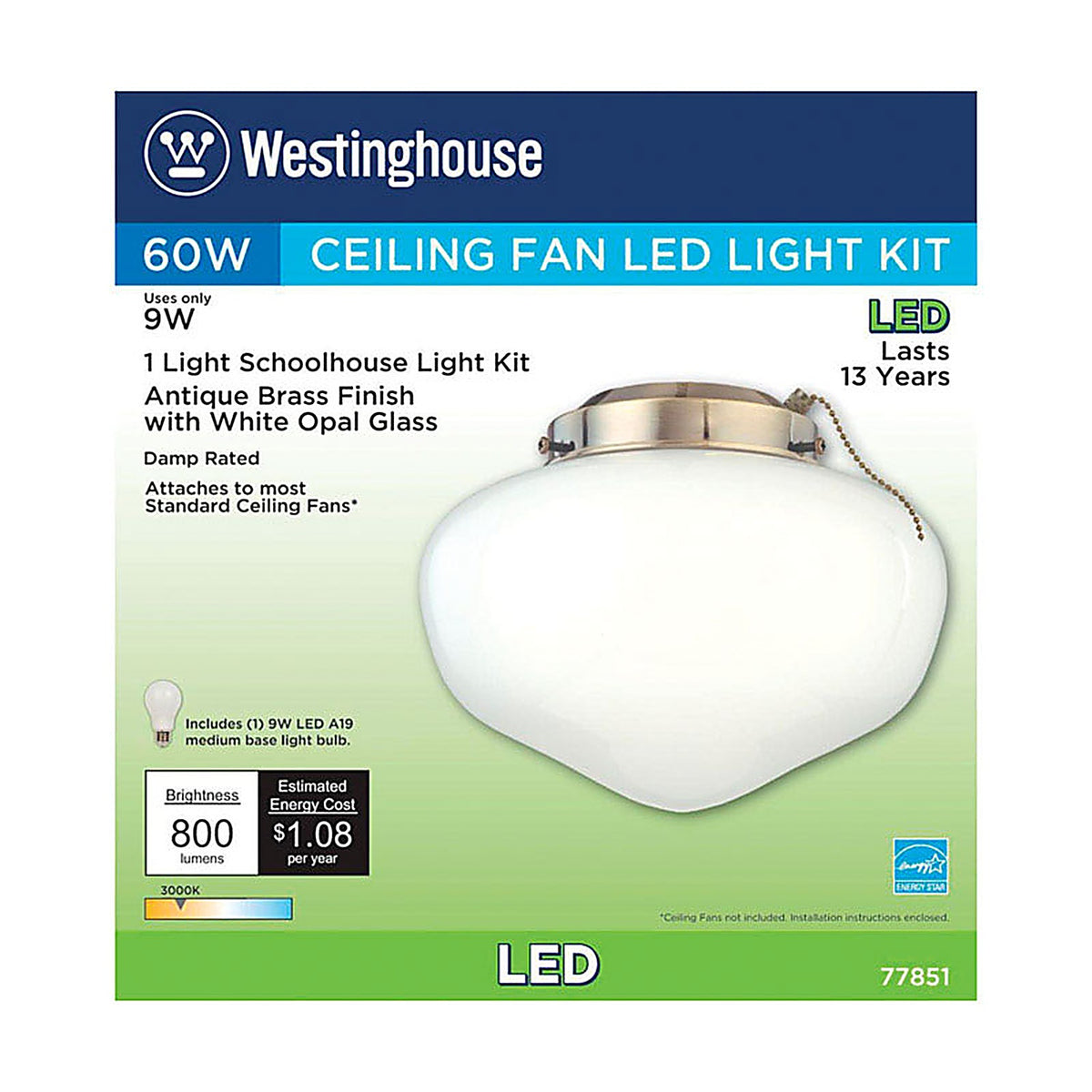 Westinghouse 77851 Antique Brass White Schoolhouse Ceiling Fan Light Kit