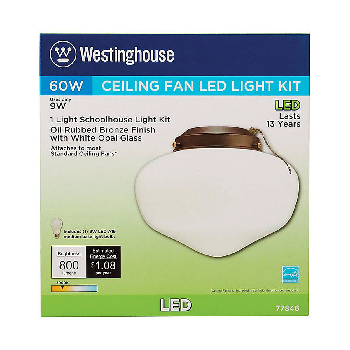 Westinghouse 77846 Oil Rubbed Bronze White Schoolhouse Ceiling Fan Light Kit