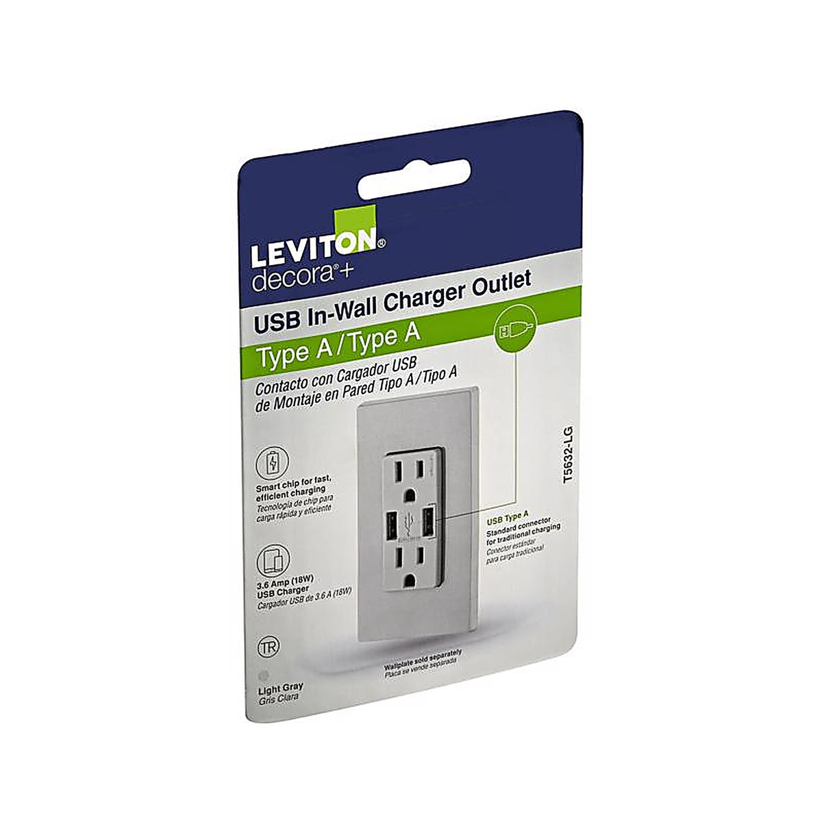 Leviton T5632-GY Decora 15 amps 125 volt Gray Outlet and USB Charger 5-15R
