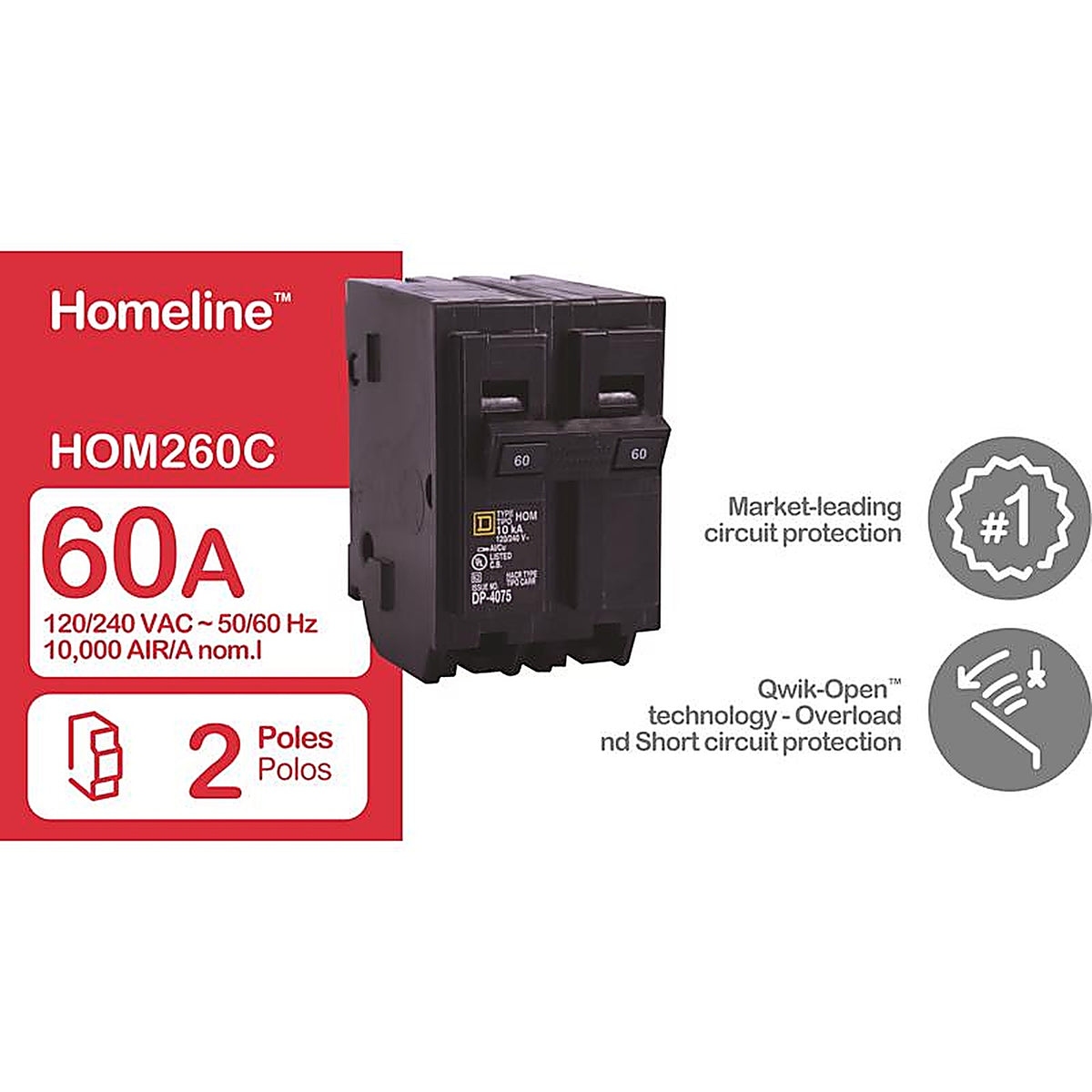 Square D - HOM260C - Homeline 60 Amps Standard 2-Pole Circuit Breaker