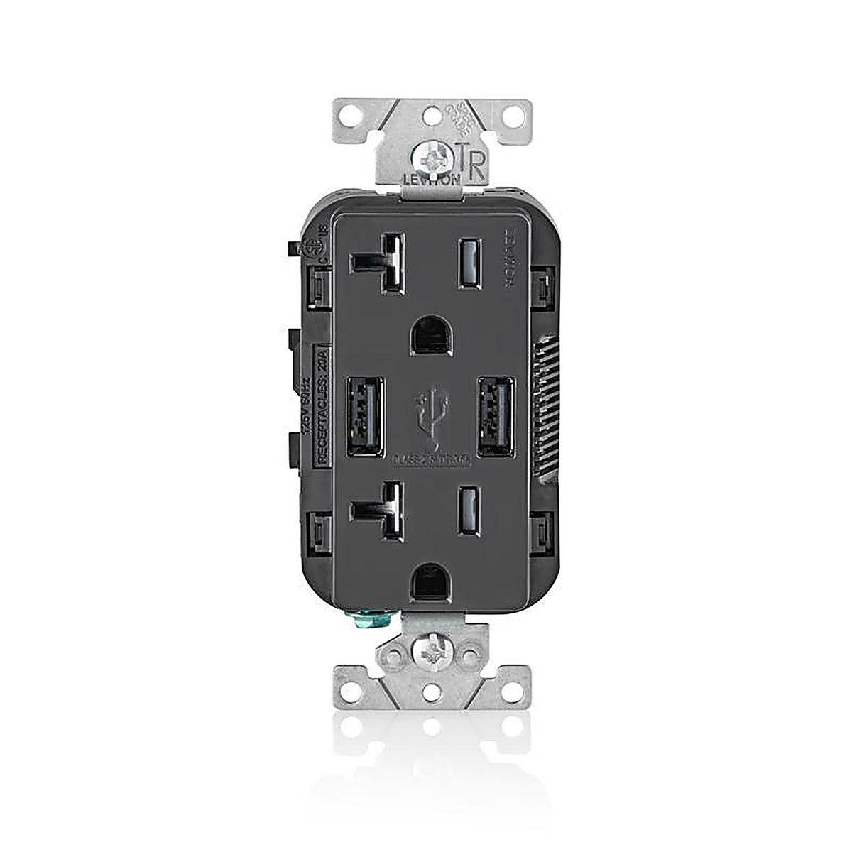 Leviton T5832-E Decora 20 amps 125 volt Black Outlet and USB Charger 5-20R 1/Pack