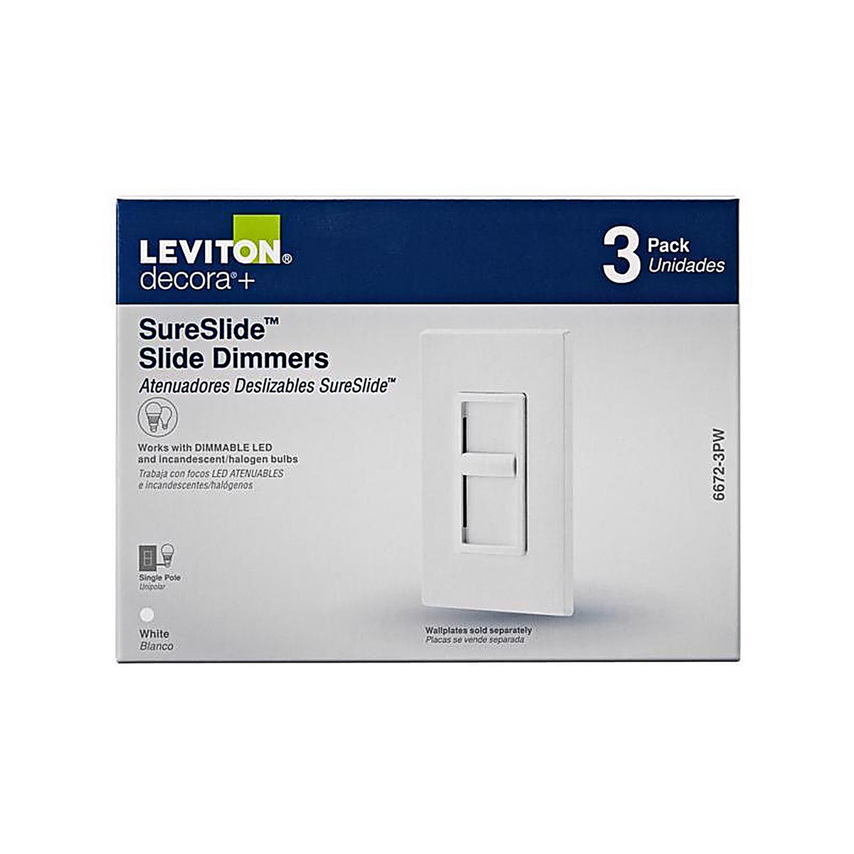 Leviton 6672-3PW Decora SureSlide White 600 watt Slide Dimmer Switch