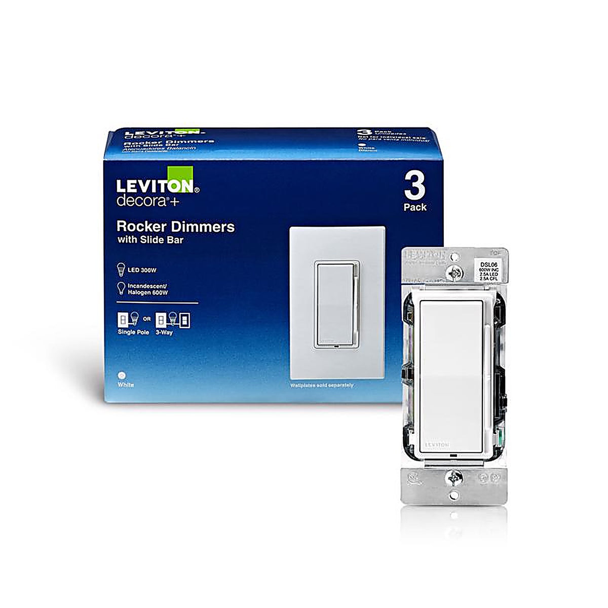 Leviton DSL06-3PW Decora White 600 watt Rocker Dimmer