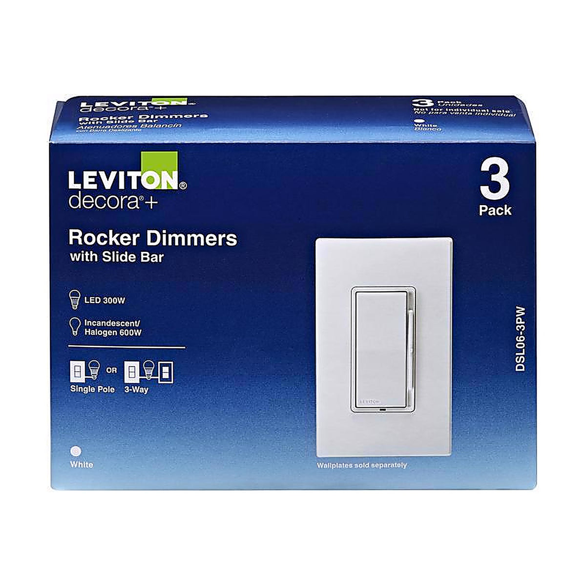Leviton DSL06-3PW Decora White 600 watt Rocker Dimmer