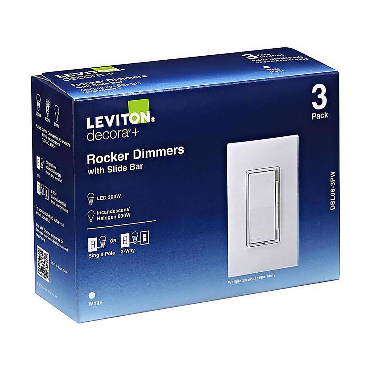 Leviton DSL06-3PW Decora White 600 watt Rocker Dimmer