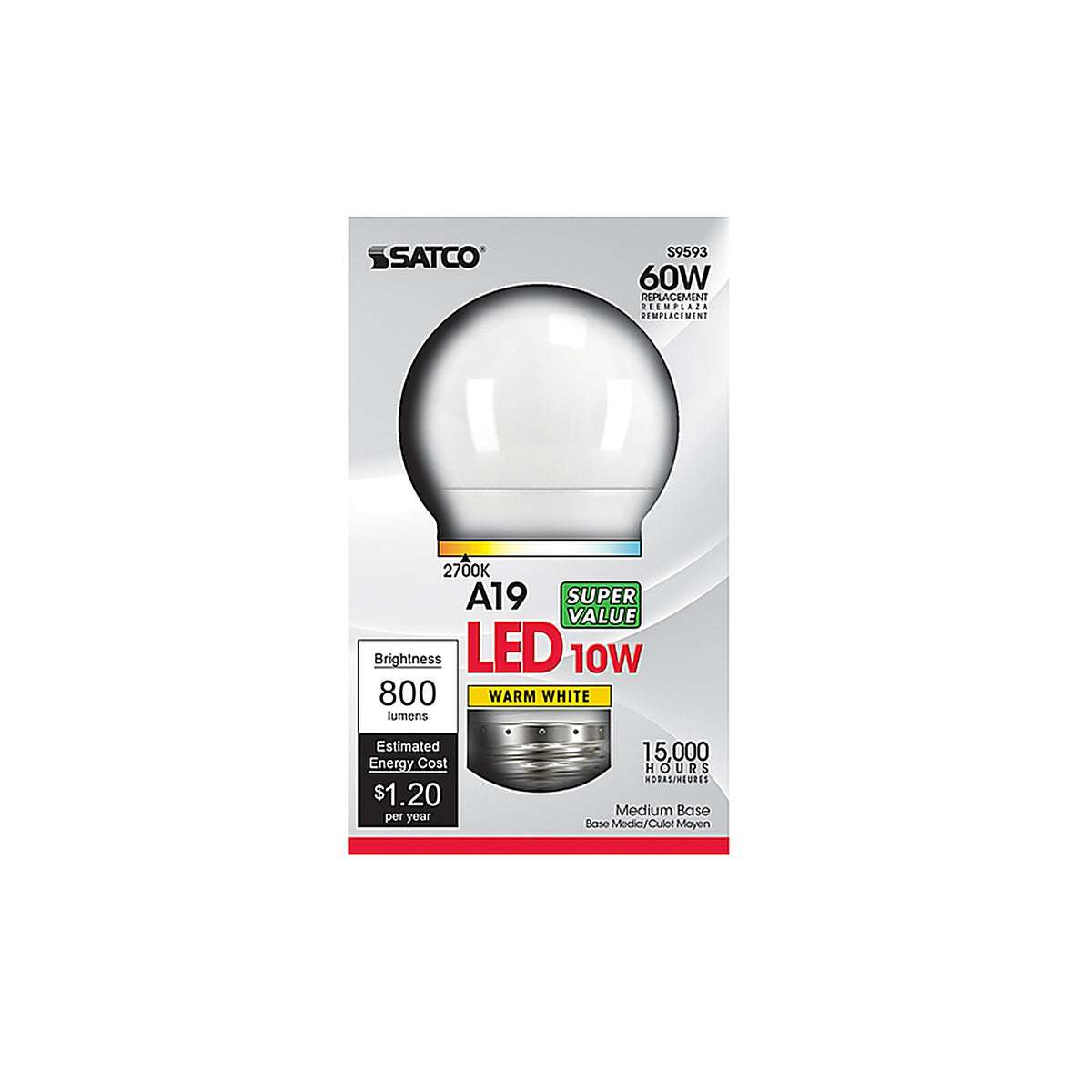 Satco - S29593 - A19 E26 (Medium) LED Bulb Warm White 60 Watt Equivalence 1 Pack