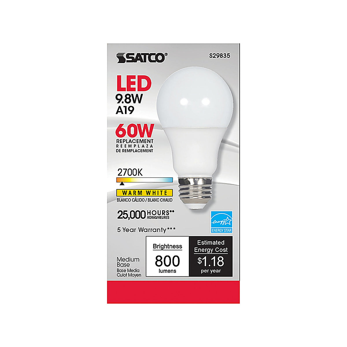 Satco - S29835 - A19 E26 (Medium) LED Bulb Warm White 60 Watt Equivalence 1 Pack