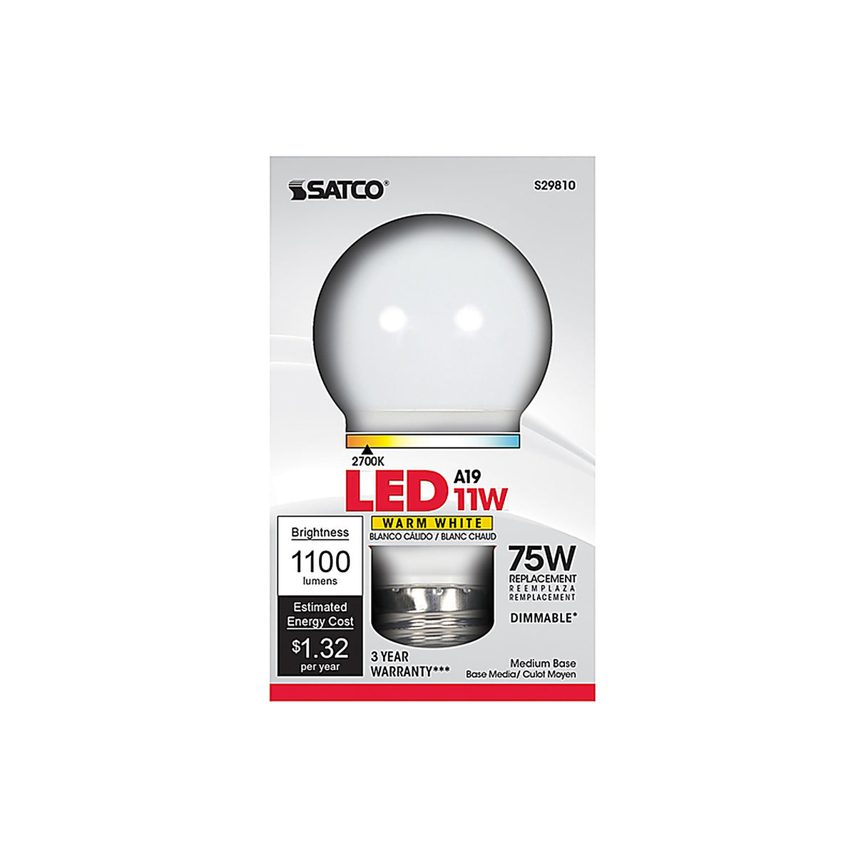 Satco - S29810 - A19 E26 (Medium) LED Bulb Warm White 75 Watt Equivalence 1 Pack