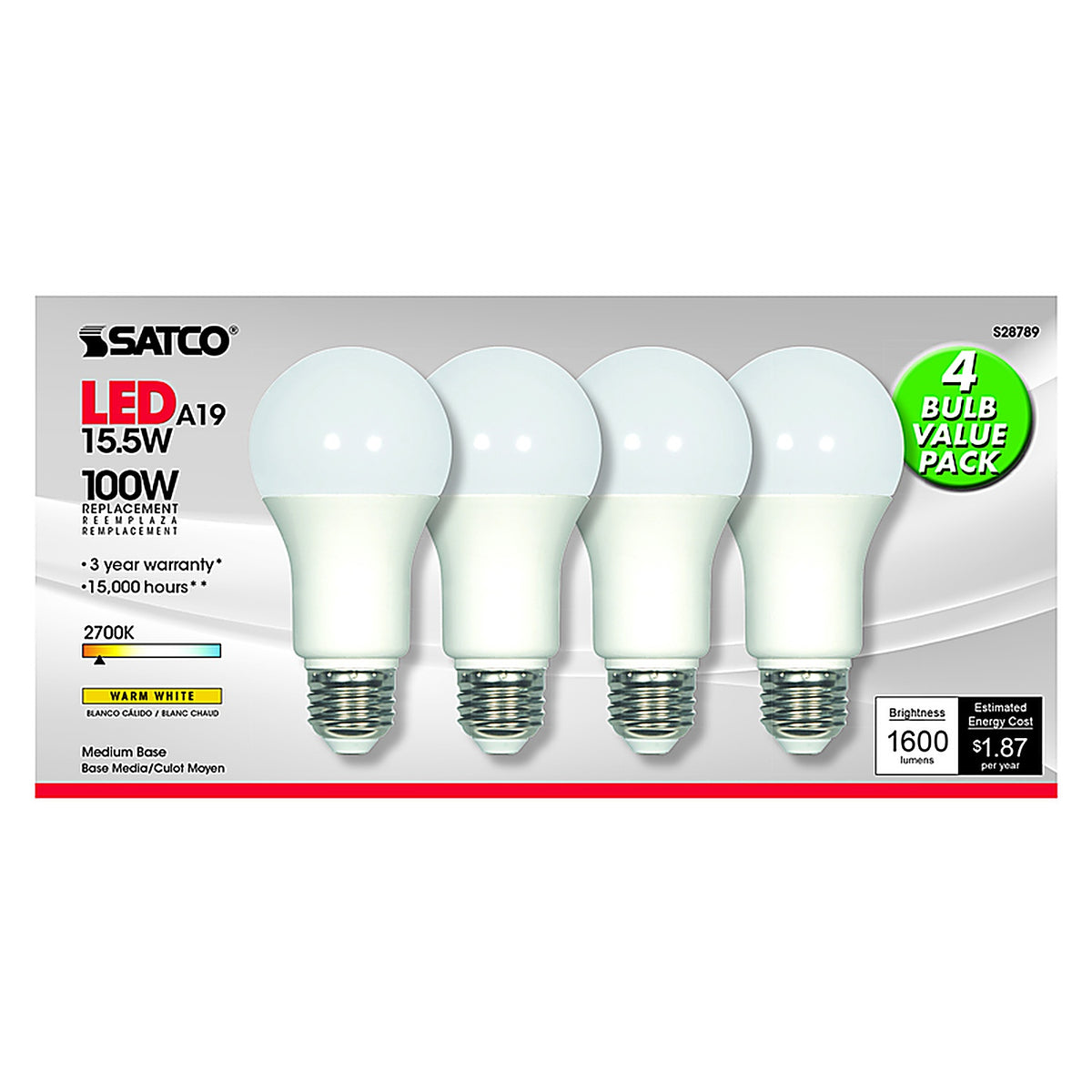 Satco - S28789 - A19 E26 (Medium) LED Bulb Warm White 100 Watt Equivalence 4 Pack