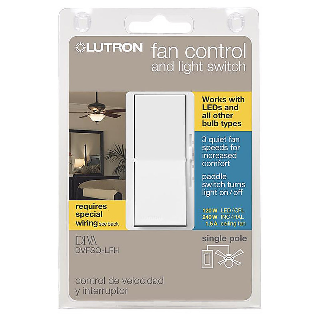 Lutron DVFSQ-LFH-WH Diva Single pole Rocker/Slide Fan Control White 1 each