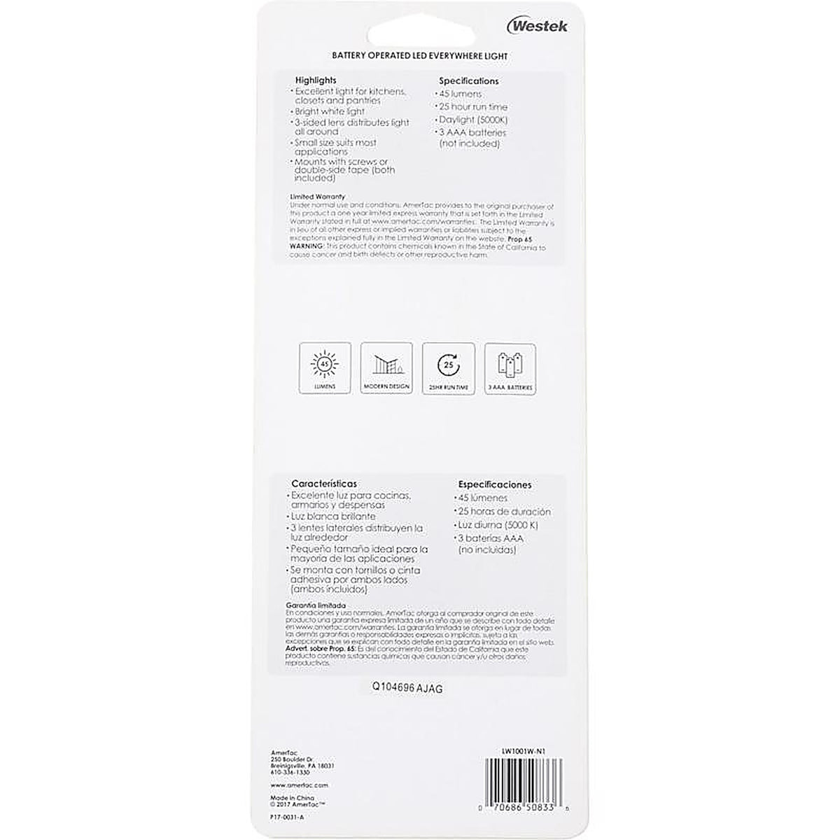 Westek LW1001W-N1 AmerTac Manual Battery Powered Adjustable LED Night Light